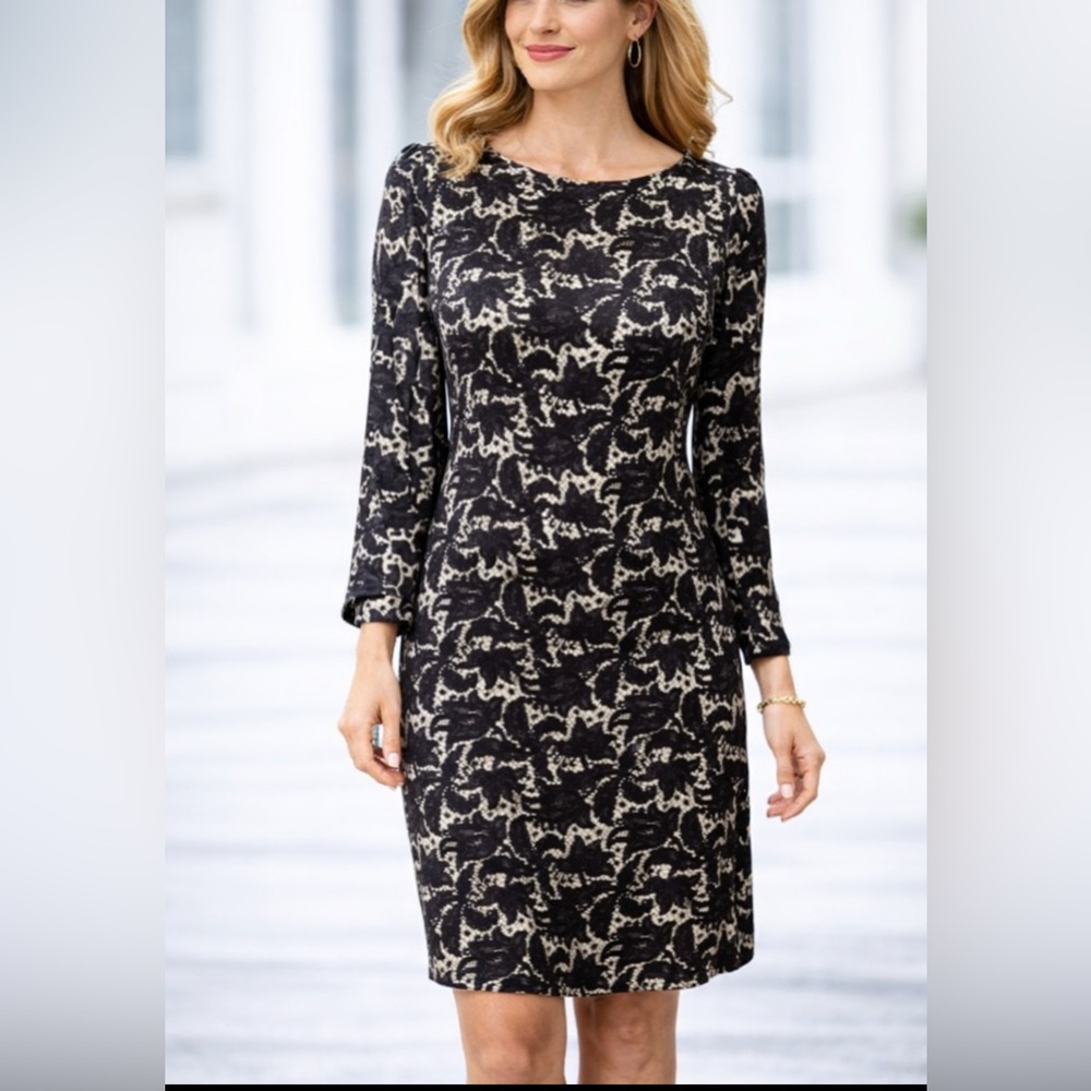 Brooks Brothers Dress Black Ivory 34 Small 3/4 Long Sleeve Shift Dress SILK
